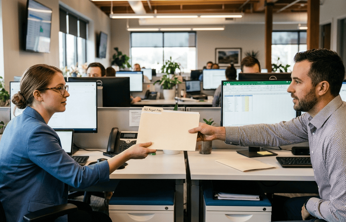 office workers exchanging a file