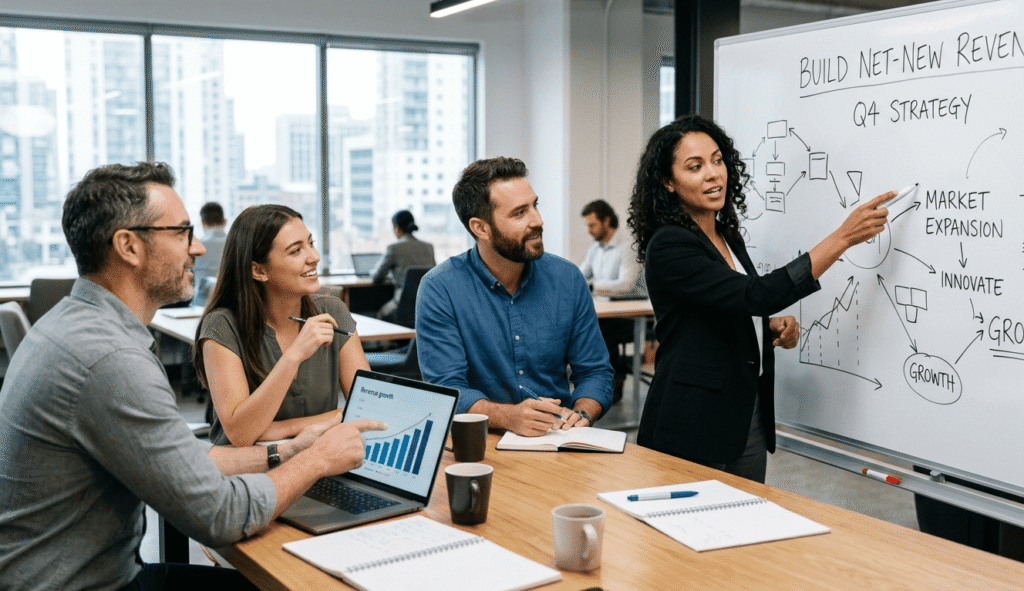 People in a board room looking over projections