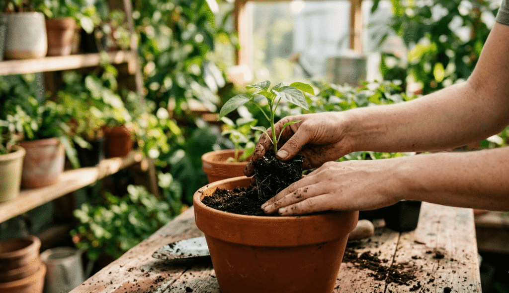 A gardener tending to the soil of a new plant