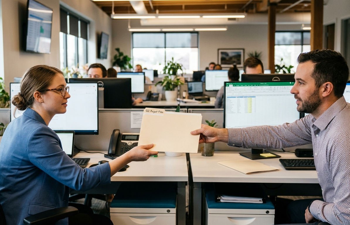 office workers exchanging a file
